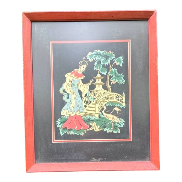 Vintage Other - Vintage Japanese Geisha Crane Scene Framed Art Print Unique Home Decor 15x18 SEE